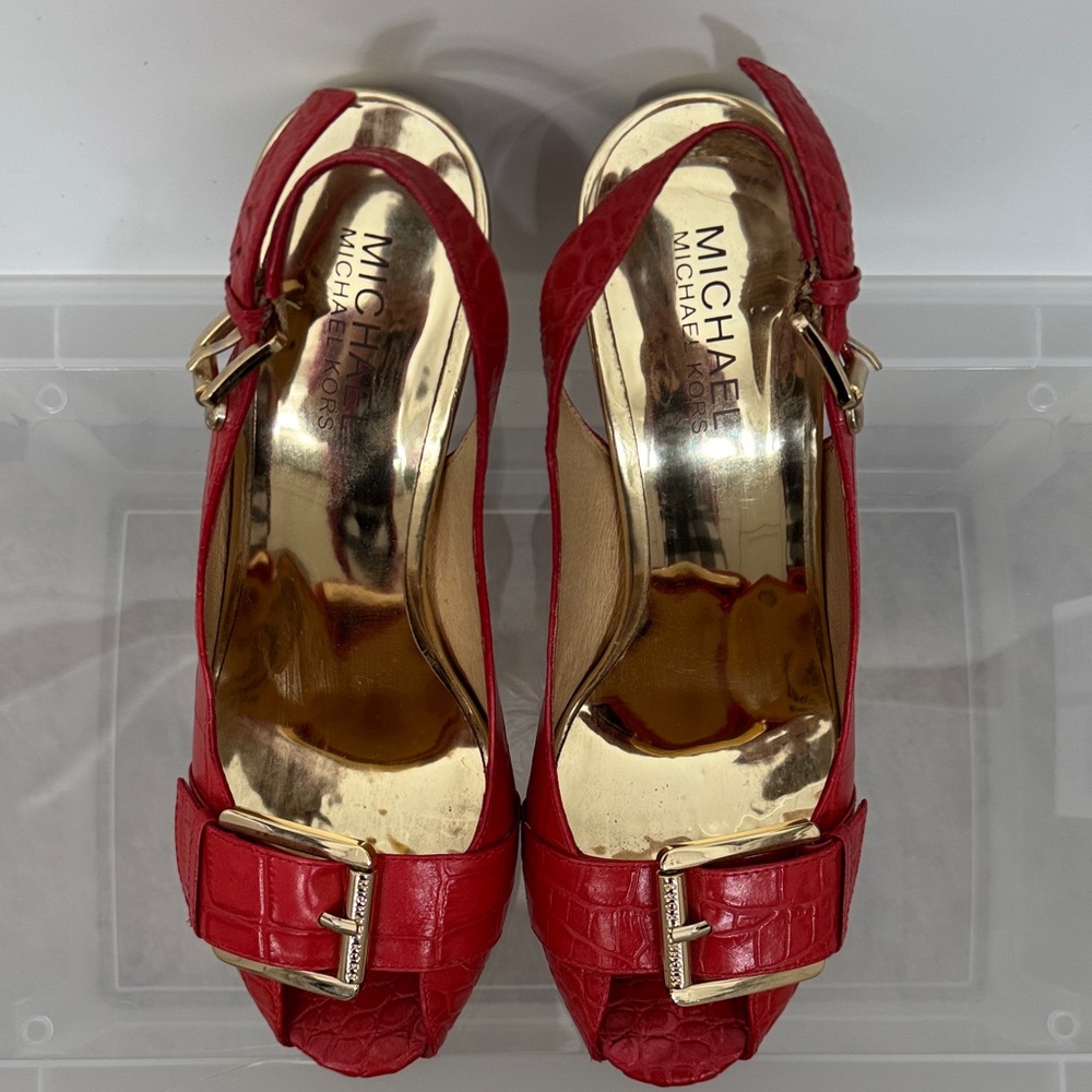 Buy 1 get 1 FREE 
Michael Kors Red Croc-Embossed Peep-Toe Heels - Picture 10 of 10